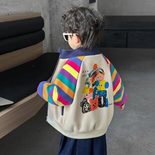 儿童装早春外套2026新款男童春秋条纹立领夹克衫男孩休闲开衫上衣