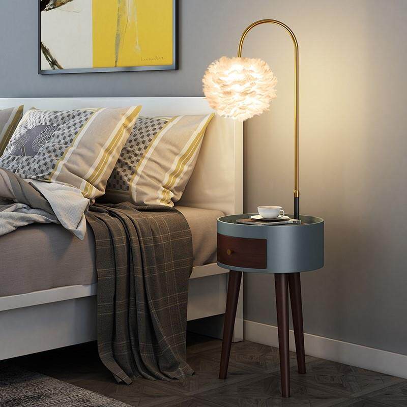 羽毛落地灯客厅卧室床头柜一体网红ins风氛围轻奢置物架茶几台灯