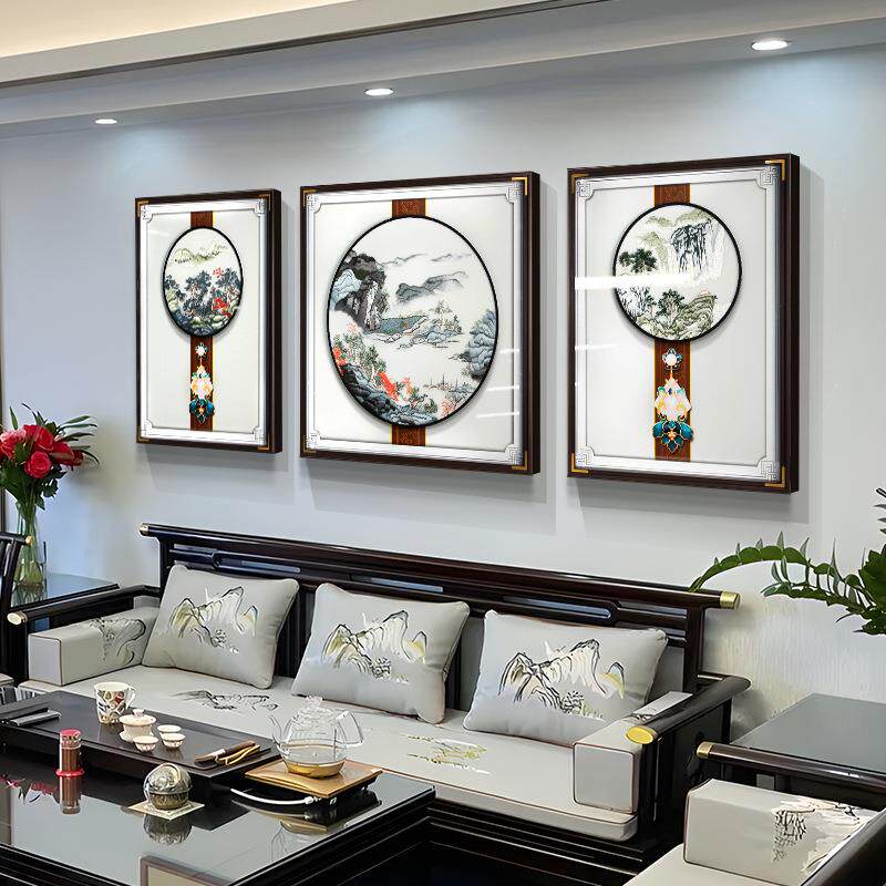 新中式客厅装饰画刺绣山水画沙发背景墙壁画苏绣立体高级感三联画