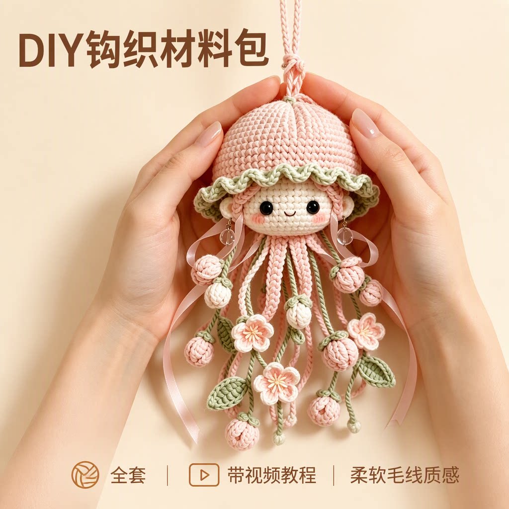 槐海精灵DIY钩织材料包多色 水母娃娃车载挂件新手全套带视频教程