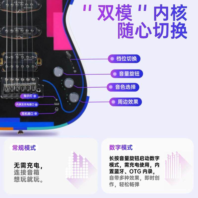 【新品】AKAMA EDGE便携式智能电吉他初学者女生儿童电子吉他入门