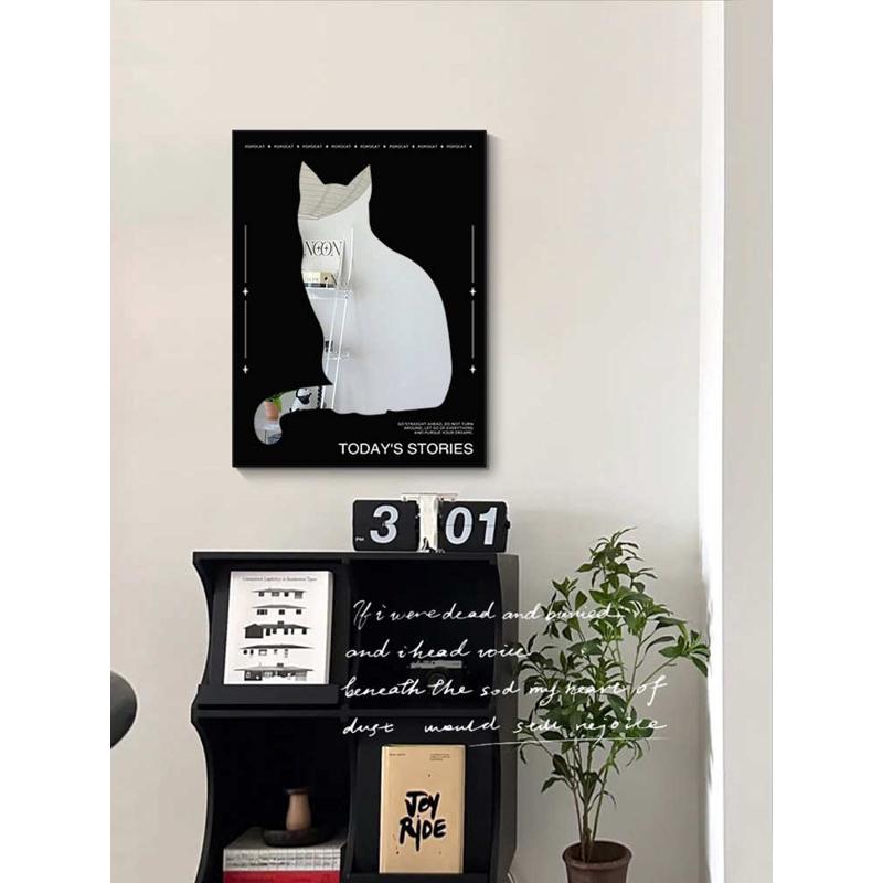 XEI3ins镜子装饰画摆件极简黑白背影猫卧室玄关镜面桌面摆画餐厅