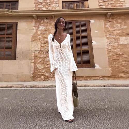 Women'S Hollow Out Textured Long Sleeve Vacation Cover Up