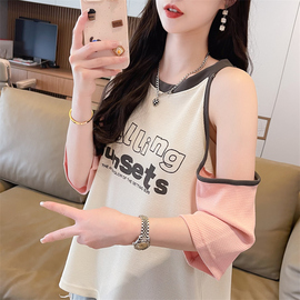 个性露肩短袖t恤女夏季韩版宽松大码设计感小众华夫格性感上衣服