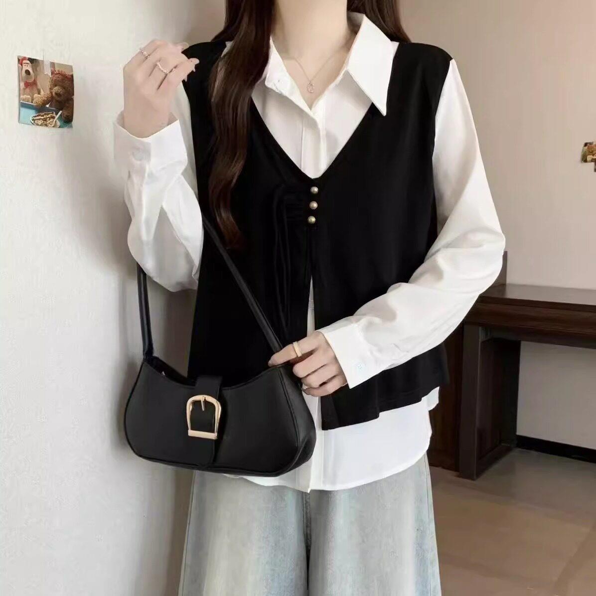 新品大码胖MM韩版宽松设计感遮肚子假两件小香风马甲衬衫女显瘦上