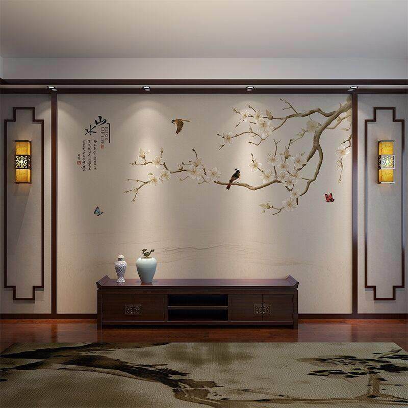 3D立体电视背景墙扣板新中式花鸟护墙板竹木纤维客厅沙发集成墙板