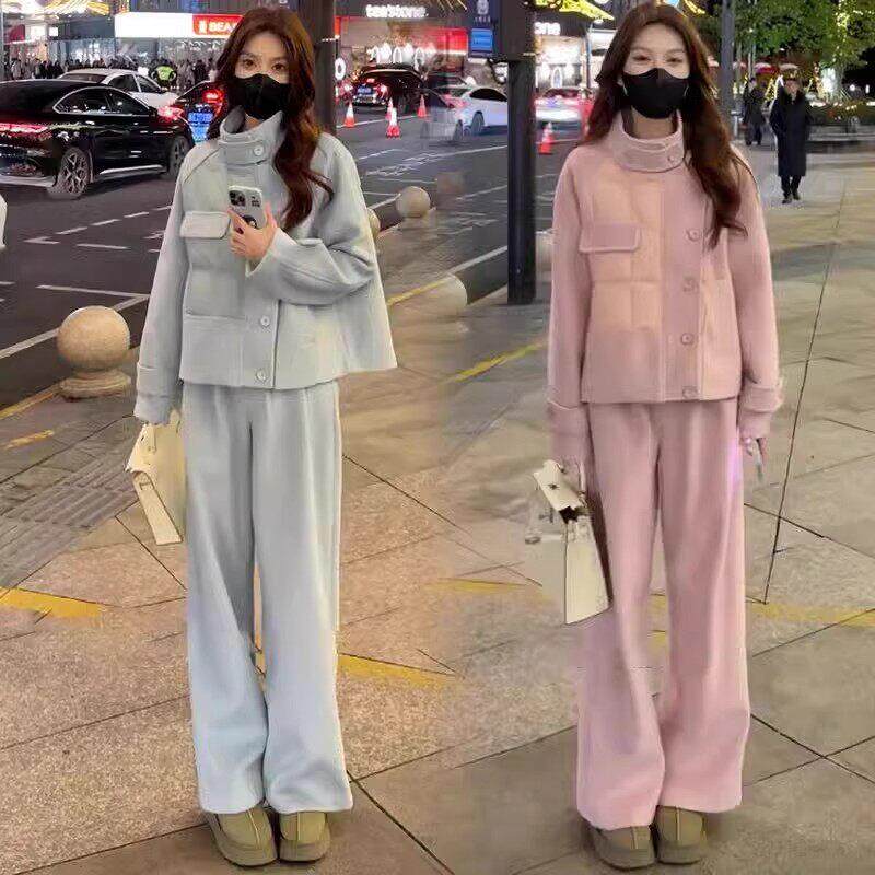 香港代购休闲女2025冬季显瘦毛呢拼接羽绒棉衣短外套阔腿裤套装潮
