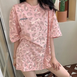 粉色豹纹短袖t恤女夏季韩版2024年中长款宽松原宿风减龄上衣