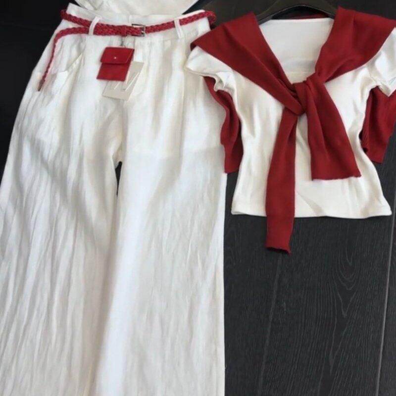 潮牌韩系披肩短袖套装女夏季新款休闲T恤高腰显瘦阔腿长裤三件套