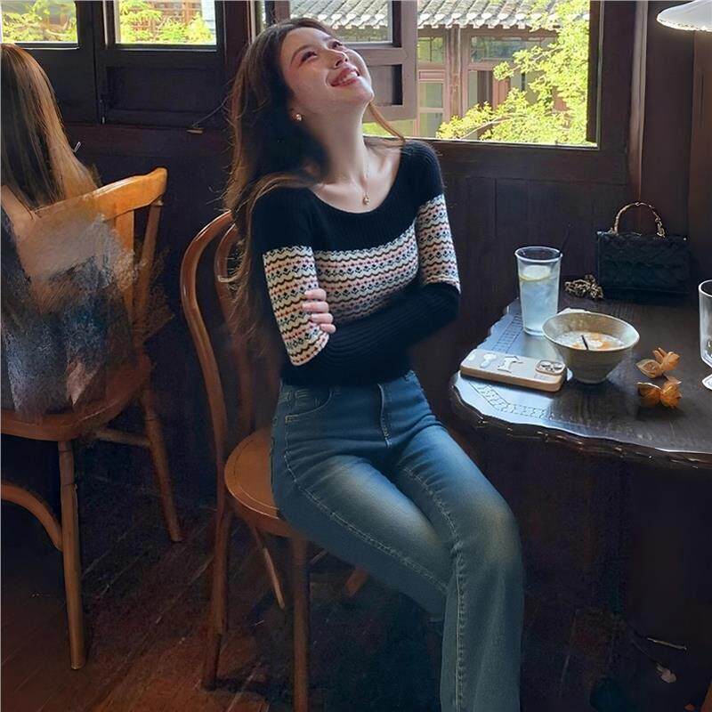 SPYB设计感打底穿搭黑色修身针织衫春秋混色毛衣女慵懒高级感上衣