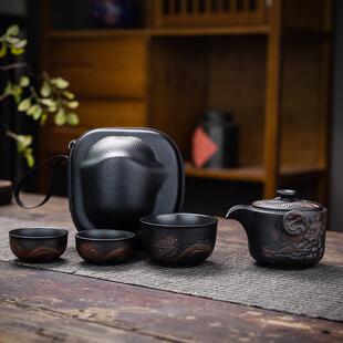 紫陶快客杯一壶两杯便携式 户外陶瓷泡茶杯便携包 旅行功夫茶具套装