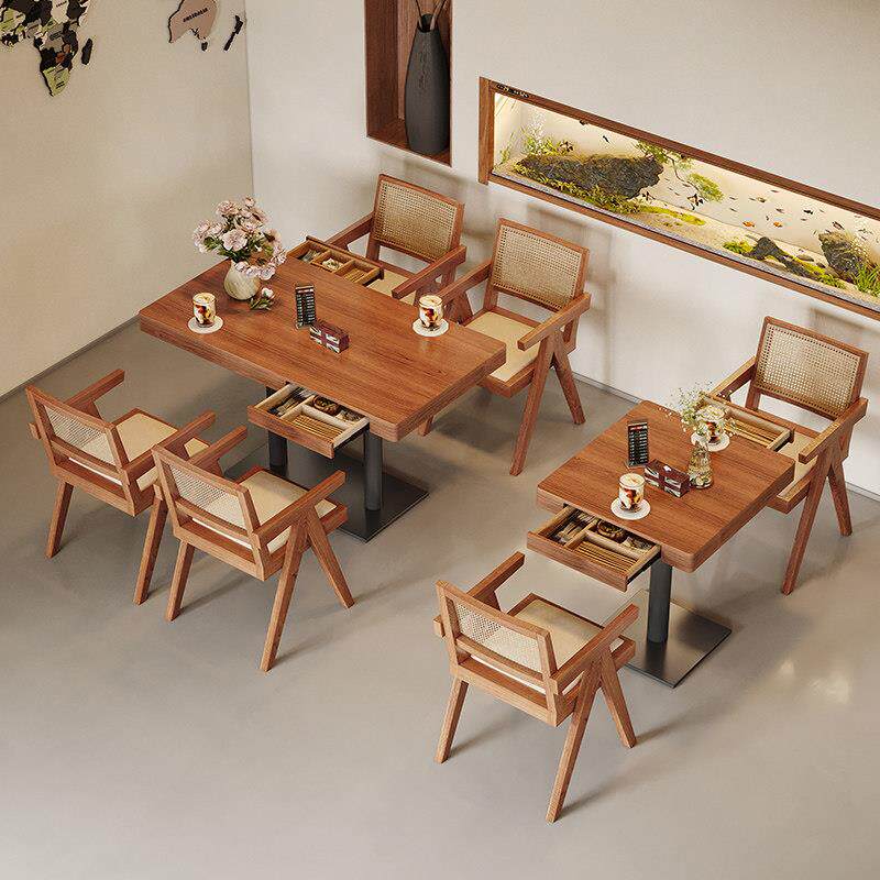 饭厅实木桌椅带抽屉收纳西餐厅长桌可定制快餐店面馆商用方桌组合