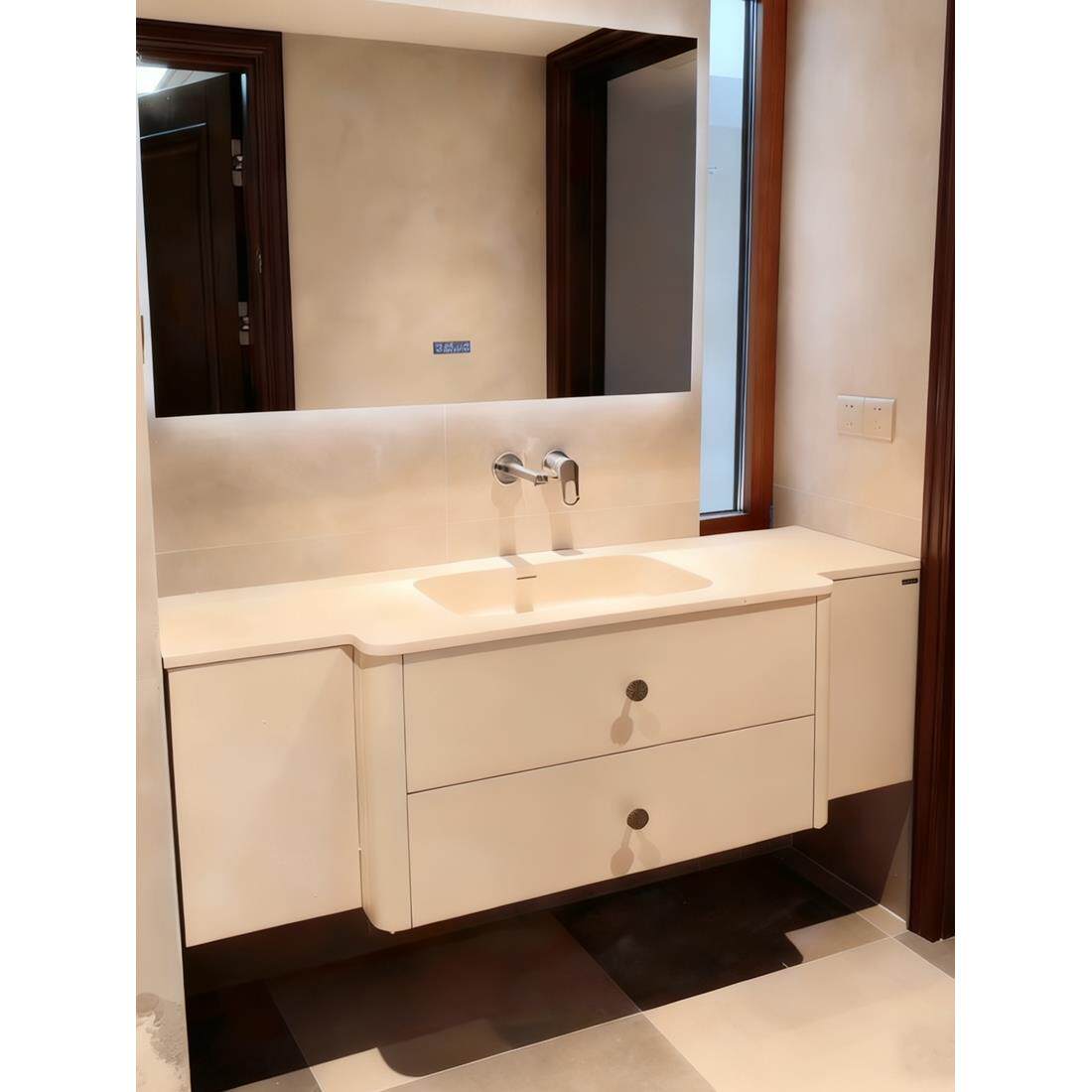 法式奶油风可丽耐一体盆浴室柜组合卫生间异形圆弧切角洗漱台定制