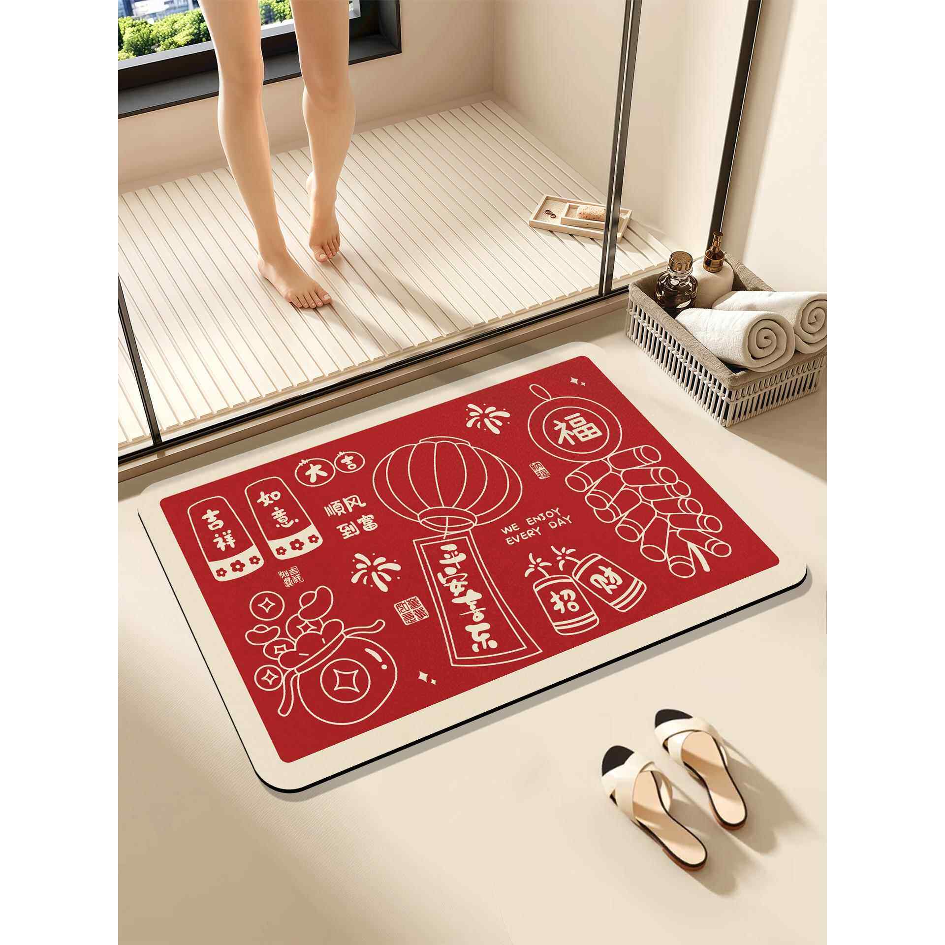 喜庆红色地垫浴室防滑垫吸水硅藻泥脚垫家用厕所门垫卫生间踏脚垫