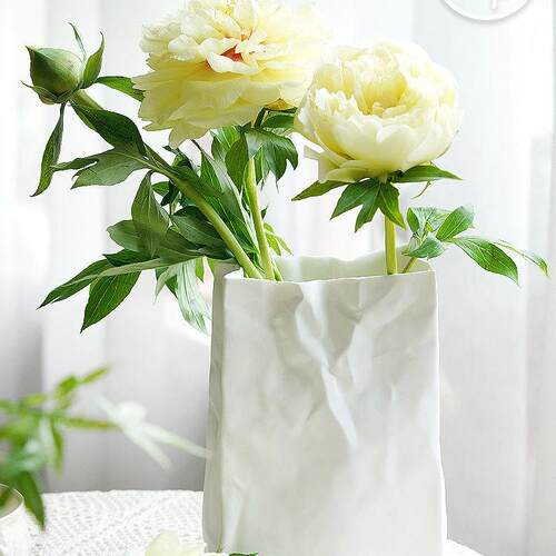 陶瓷花瓶褶皱纸袋白色花瓶现代简约轻奢素烧白色花器家居摆件跨境