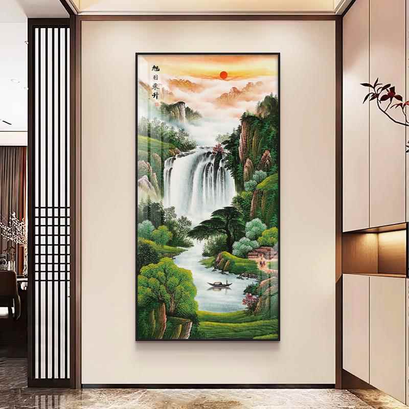 国画旭日东升山水画中式迎客松挂画玄关过道壁画客厅装饰画流水画