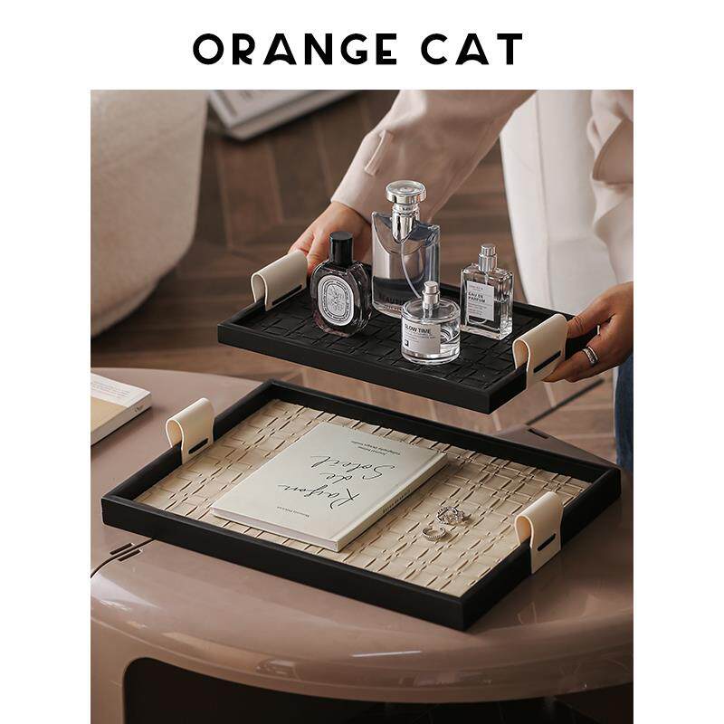 ORANGE CAT 轻奢皮革托盘木质长方形玄关香薰收纳首饰托盘摆件