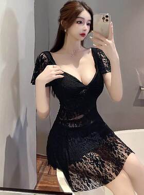 性感夜店女装深领显瘦辣妹连衣裙2023新款蕾丝透视夜总会短裙