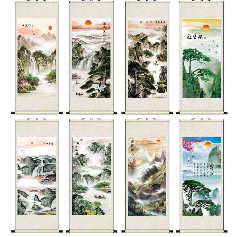 定制丝绸聚宝盆风景装饰山水画卷轴挂画客厅办公室字画竖版靠山画图片