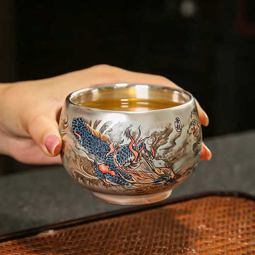 茶具礼品银杯子真银包银陶瓷鎏银四象神兽主人杯大号单杯茶盏茶杯