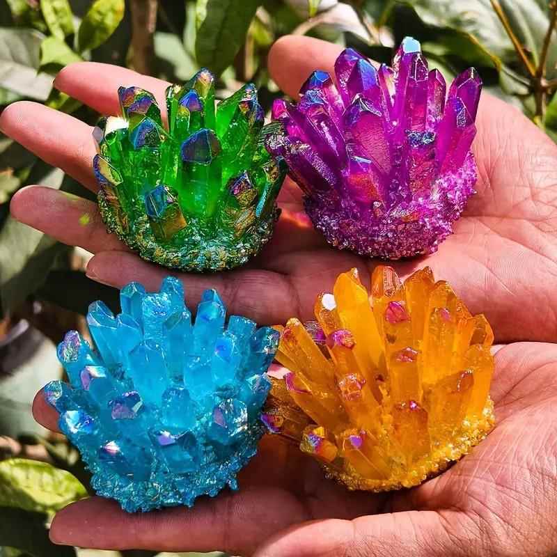 白晶电绿镀水水晶簇红粉蓝多色镀彩水晶摆家居件电镀晶簇水晶
