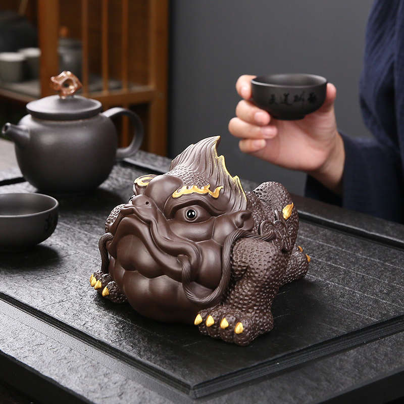 金蟾紫砂茶宠摆件精品可养大号招财蟾蜍宠物茶玩茶桌茶盘茶具配件