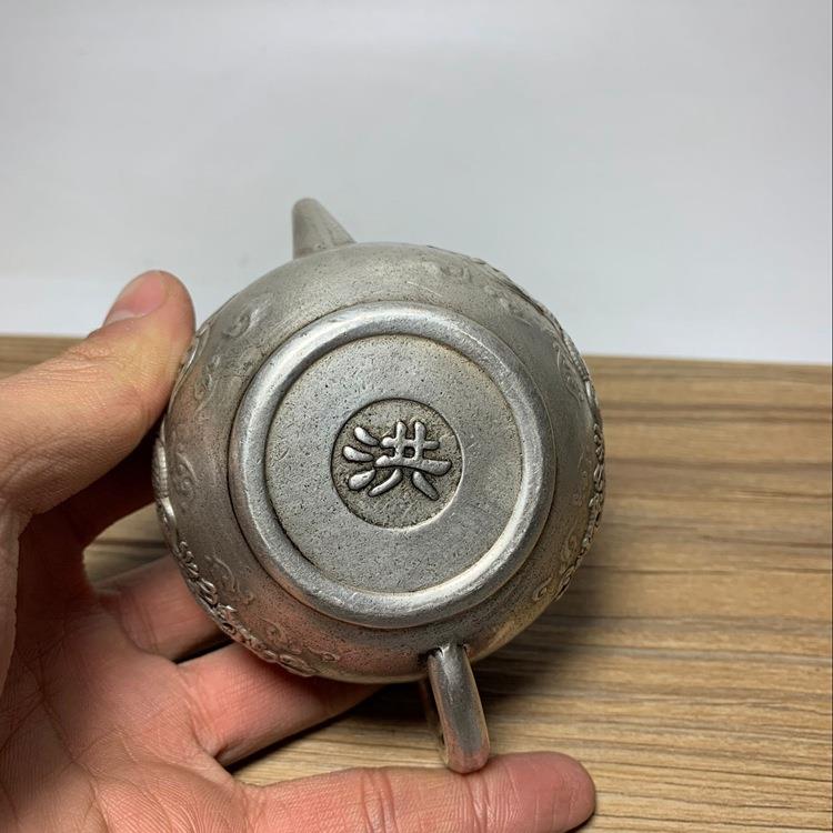 仿古古玩铜器古董杂项纯铜镀银苗银洪字款龙铜小茶壶老货老物件