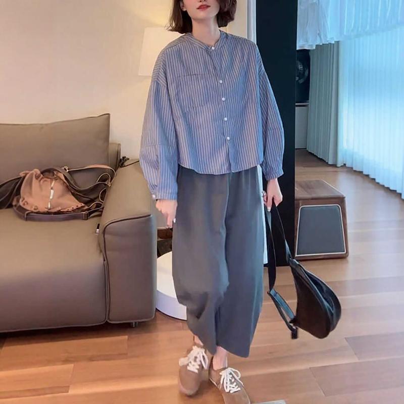 新品早秋穿搭一整套女韩版复古气质感圆领条纹衬衫休闲简约宽松九