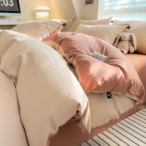 简约风全棉四件套纯色简约单被套床单床笠双拼纯棉三件套厂家