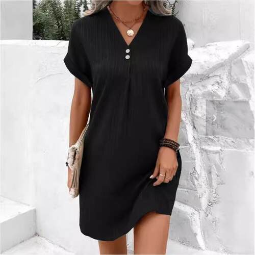 V Neck Short Sleeve Dress  Button Front Design with Vertical