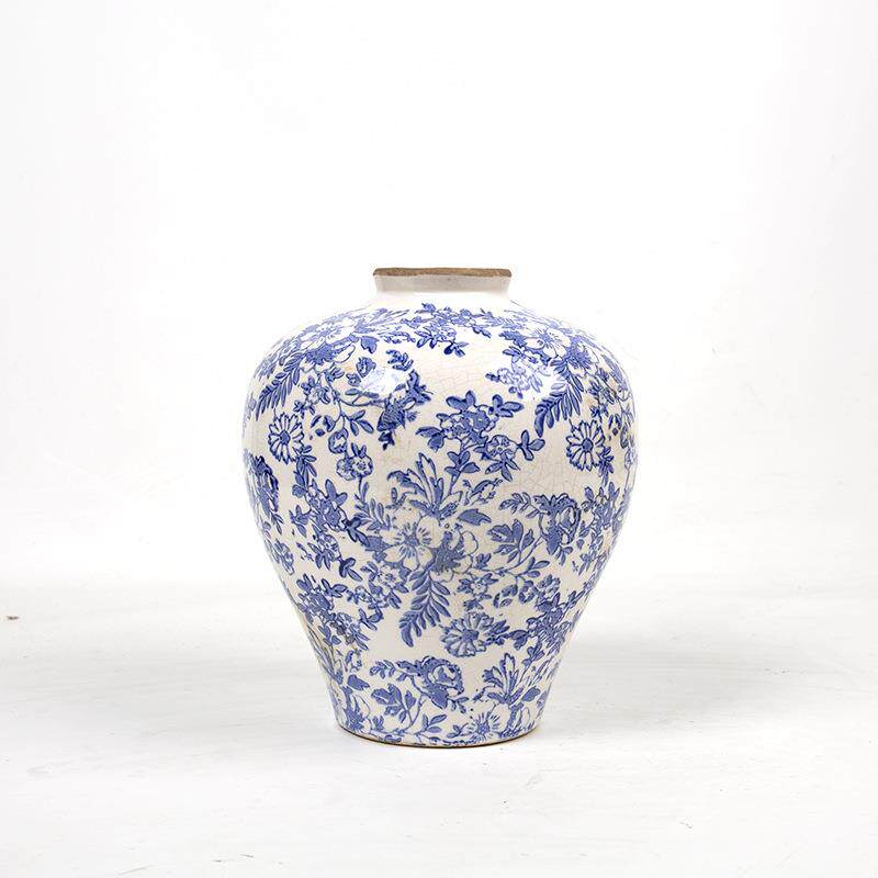 中式古风富贵花仿真干花三彩小口裂纹陶瓷花瓶玄关客厅餐厅装饰