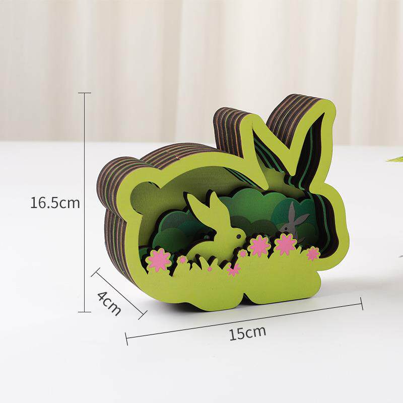 创意木雕动物艺术品木质品创意家居桌面装饰品多层木雕刻兔子摆件