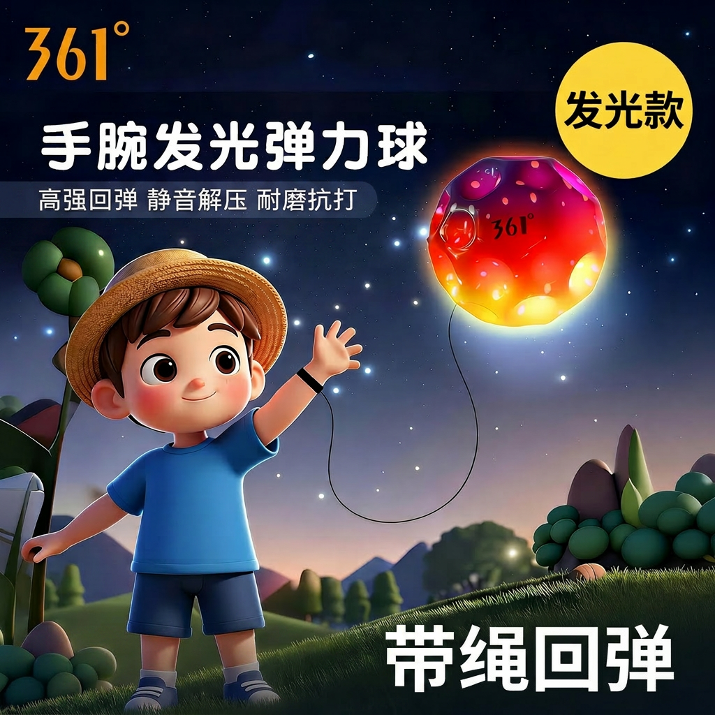 361°手腕弹力球带绳发光回弹月球石儿童腕力球解闷神器男孩玩具