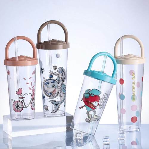 New Cartoon Straw Cup with Lid, Vacuum Insulated Straw Plast