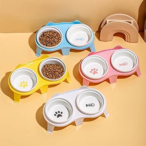 Ceramic Cat Food Bowl with Dual Tilted Design for Neck Prote