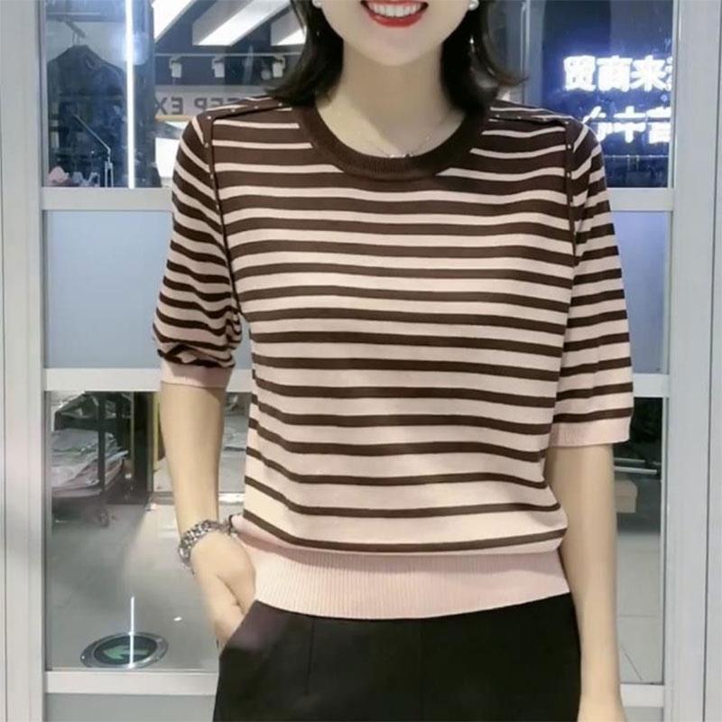 新品百搭条纹针织衫五分袖2026春季新款时尚宽松显瘦中年妈妈装上