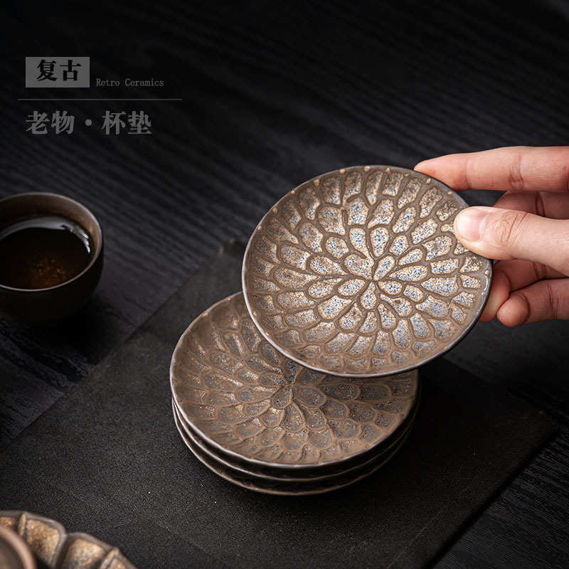 中式粗陶茶杯托小杯垫杯托陶瓷功夫茶具零配茶道创意小碟子隔热垫