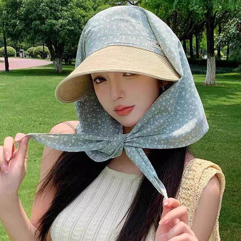 绑带丝巾草编帽子女防晒帽夏季新款遮发护颈遮阳帽太阳帽
