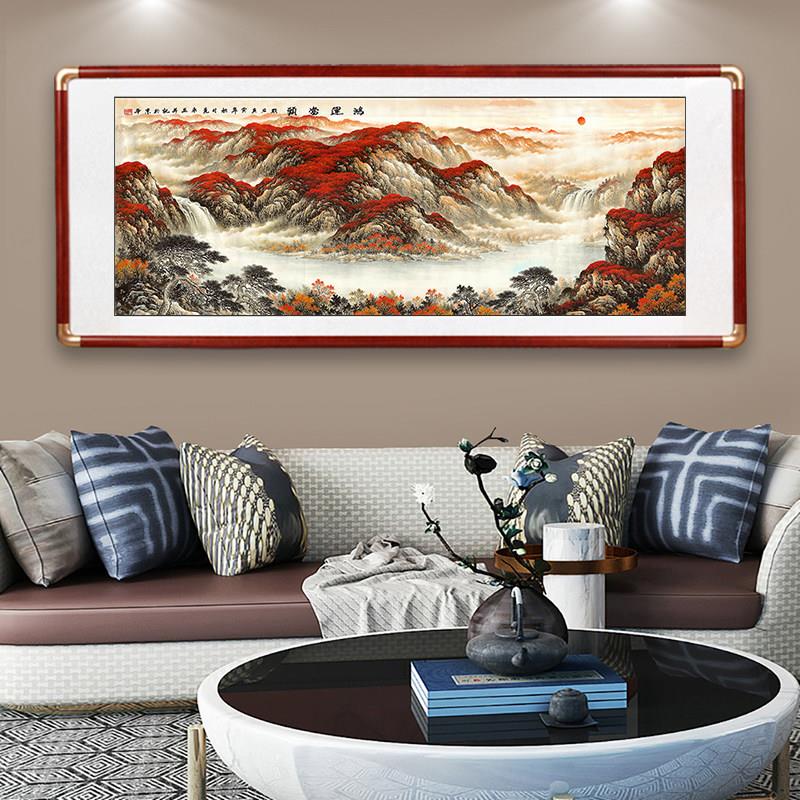鸿运当头办公室挂画客厅山水国画新中式装饰画背后有靠山风水画