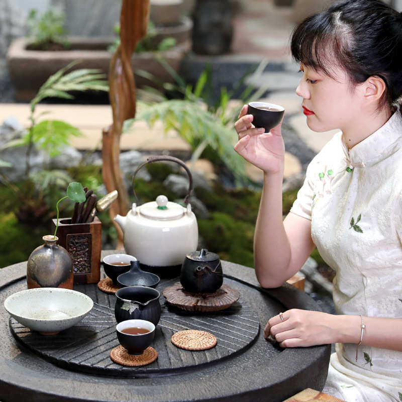 新中式庭院阳台禅意茶桌椅子组合小茶几茶具套装石磨盘功夫泡茶台