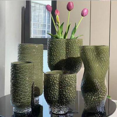 轻奢极简绿色玻璃花瓶玄关卧室沙发酒店别墅会所大堂插花器水培