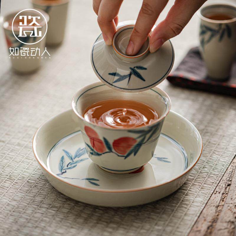 玩物尚置手绘三才盖碗茶杯陶瓷简约复古茶具家用不烫手敬茶碗单个
