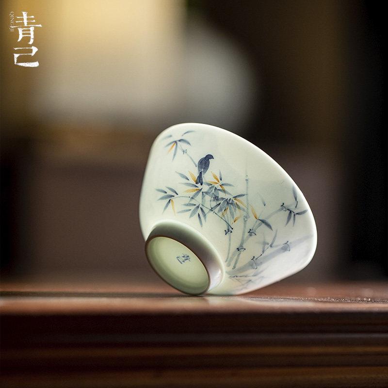 青己玉瓷主人杯釉下彩青花手绘超薄胎茶具个人杯喜鹊登枝书怀茶杯