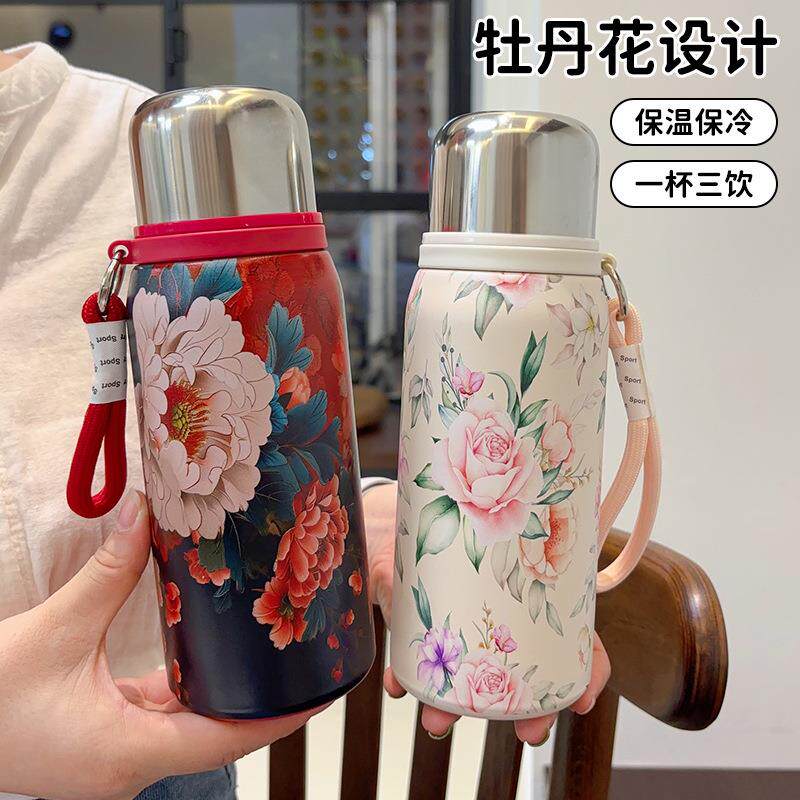 国风复古保温杯花开富贵印花保温壶316不锈钢女高颜值时尚水杯子