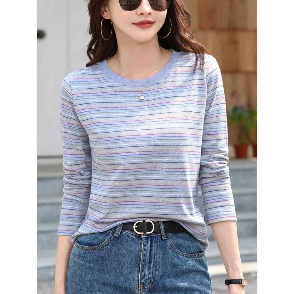 潮牌彩条纹纯棉长袖t恤女秋季新款宽松显瘦打底衫女时尚休闲上衣