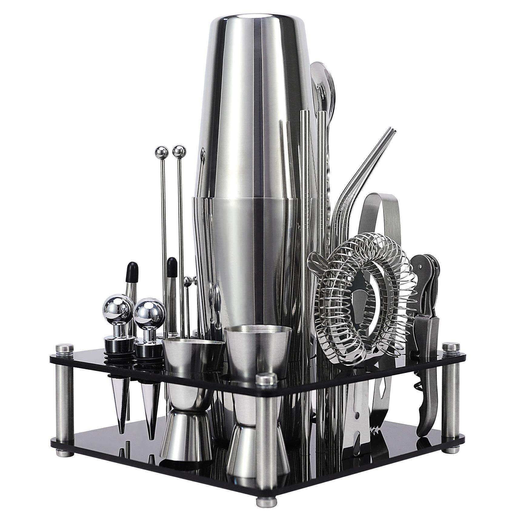 正方形旋转亚克力调酒器套装 鸡尾酒不锈钢酒塞摇床调酒器工具