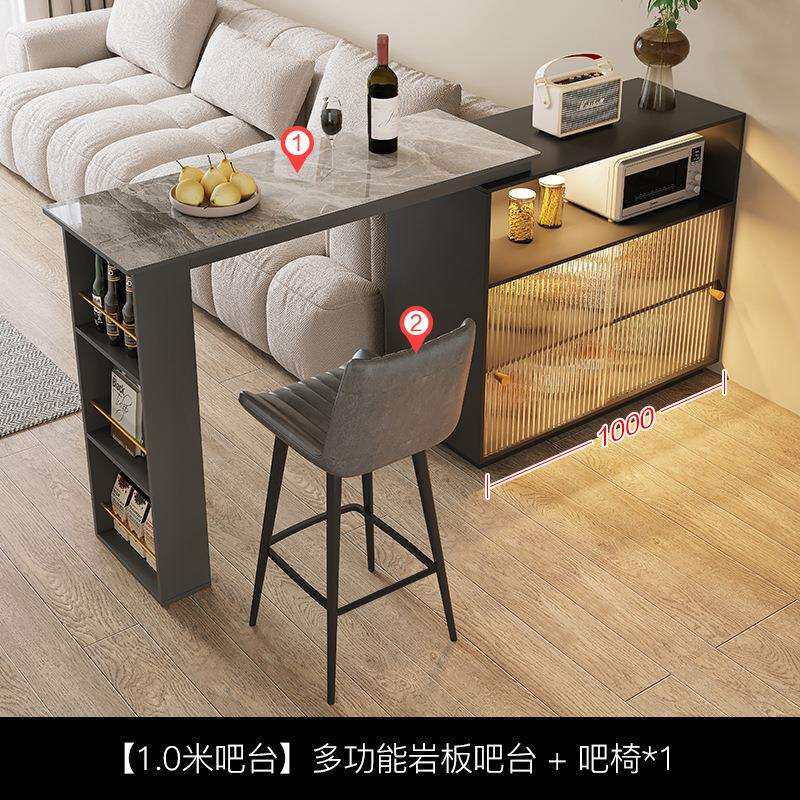 轻奢实木岩板吧台隔断柜酒柜一体客厅家用可伸缩餐边柜吧台桌