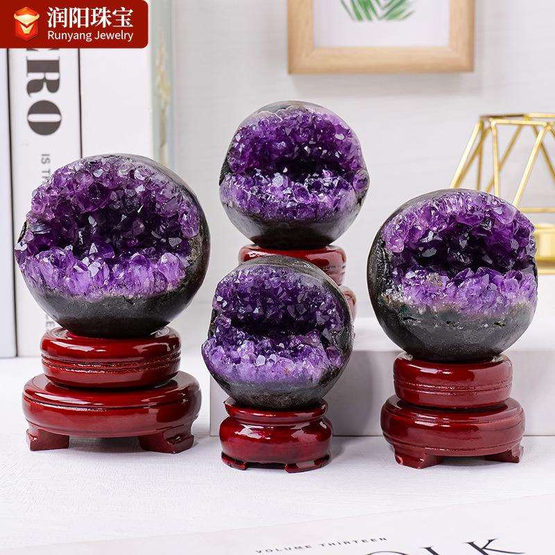 天然紫水晶簇开口笑紫晶洞聚宝盆钱袋子水晶工艺品家居办公摆件