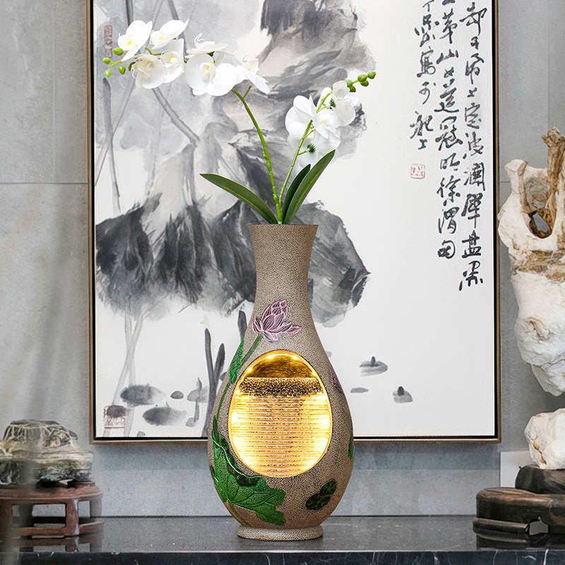 国潮式荷花流水喷泉中客厅佛茶IXC室玄关禅意装饰堂花瓶新摆件乔