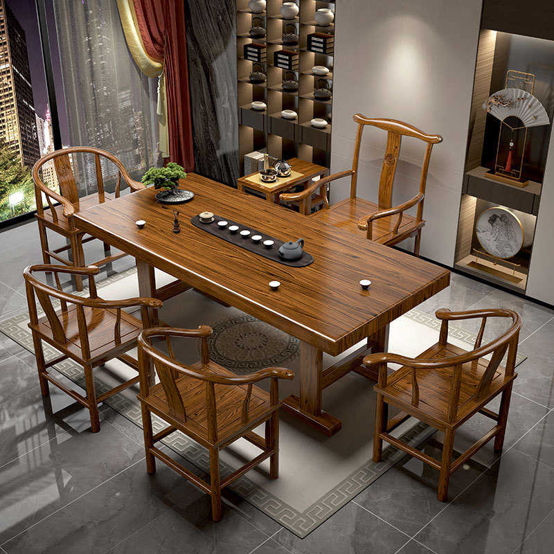 实木原木大板茶台新中式橡木茶桌椅组合办公室休闲茶几功夫茶桌